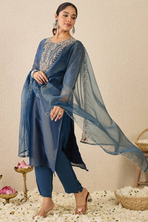 Blue Floral Embroidered Liva Kurti Pant Set (IDKH9BL11467)