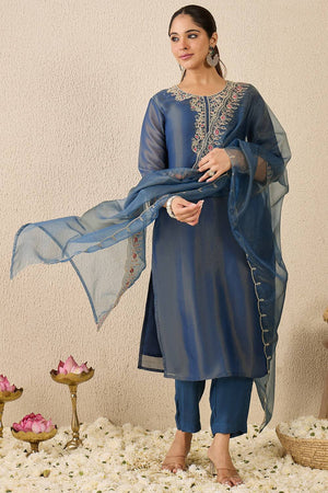 Blue Floral Embroidered Liva Kurti Pant Set (IDKH9BL11467)