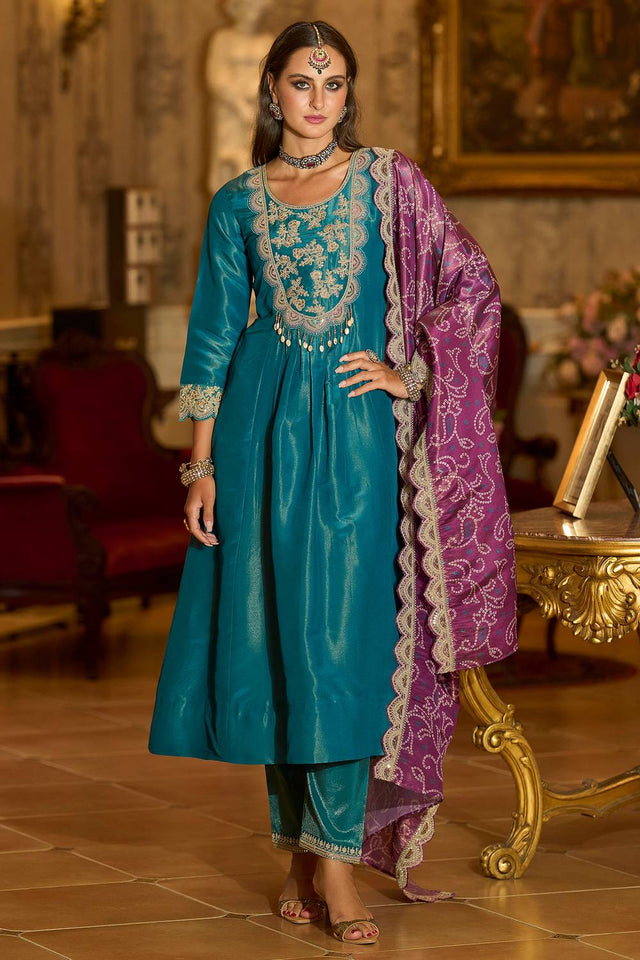 Blue Embroidered Silk Blend Kurti Pant Set (IDKH9BL12315)