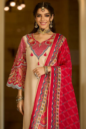 Cream Embroidered Silk Blend Kurti Pant Set (IDKH9CR12370)