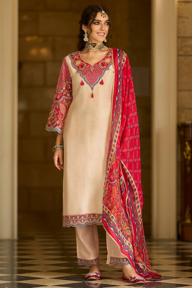 Cream Embroidered Silk Blend Kurti Pant Set (IDKH9CR12370)