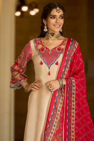 Cream Embroidered Silk Blend Kurti Pant Set (IDKH9CR12370)