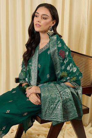 Green Embroidered Silk Blend Kurti Pant Set (IDKH9GN12205)