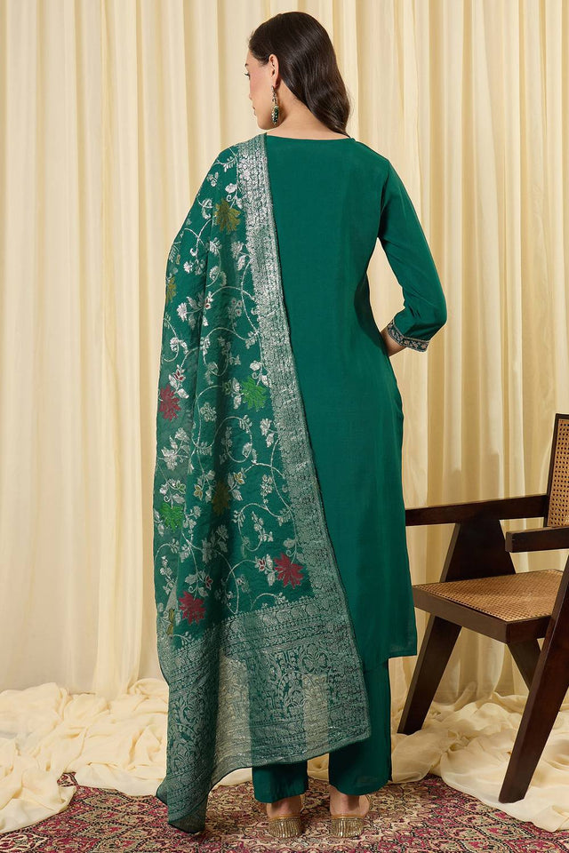 Green Embroidered Silk Blend Kurti Pant Set (IDKH9GN12205)
