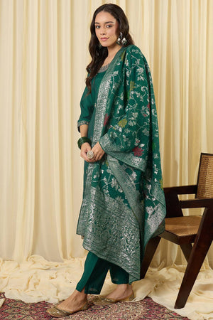 Green Embroidered Silk Blend Kurti Pant Set (IDKH9GN12205)