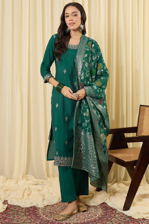 Green Embroidered Silk Blend Kurti Pant Set (IDKH9GN12205)