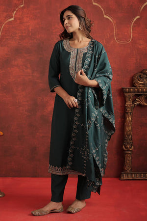Green Embroidered Silk Blend Kurti Pant Set (IDKH9GN12207)