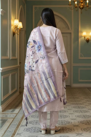 Lavender Embroidered Cotton Blend Kurti Pant Set (IDKH9LV11399)