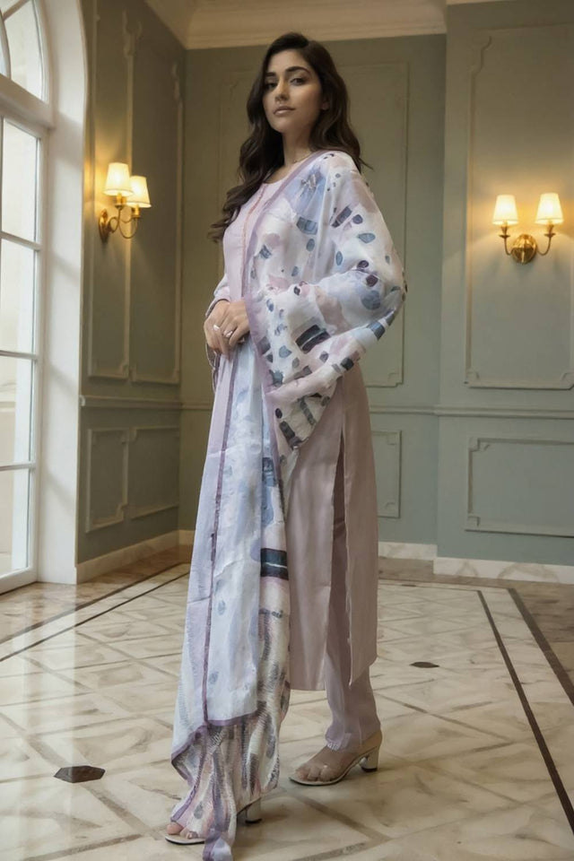 Lavender Embroidered Cotton Blend Kurti Pant Set (IDKH9LV11399)