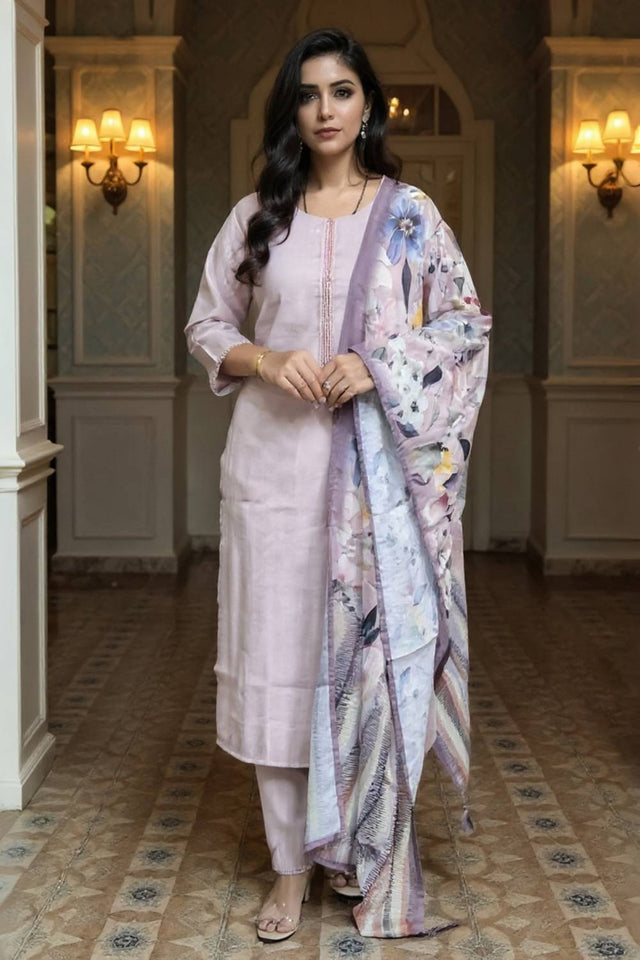 Lavender Embroidered Cotton Blend Kurti Pant Set (IDKH9LV11399)