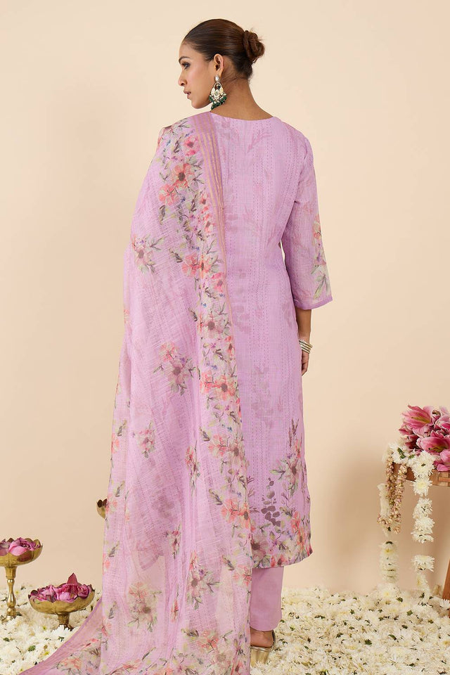 Lavender Embroidered Linen Kurti Pant Set (IDKH9LV12032)
