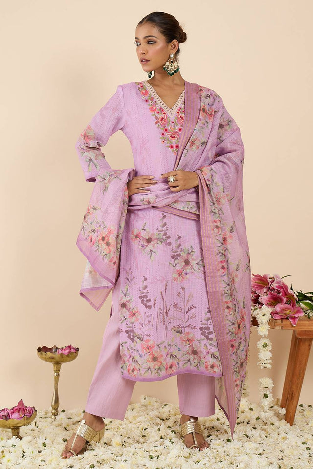 Lavender Embroidered Linen Kurti Pant Set (IDKH9LV12032)