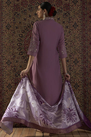 Lavender Embroidered Silk Blend Kurti Pant Set (IDKH9LV12202)