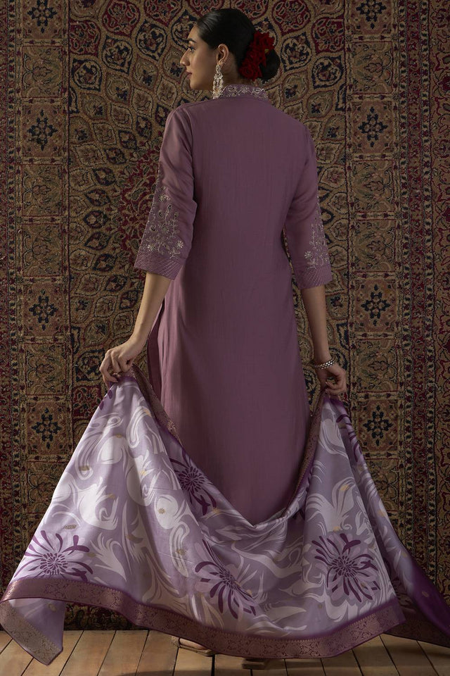 Lavender Embroidered Silk Blend Kurti Pant Set (IDKH9LV12202)
