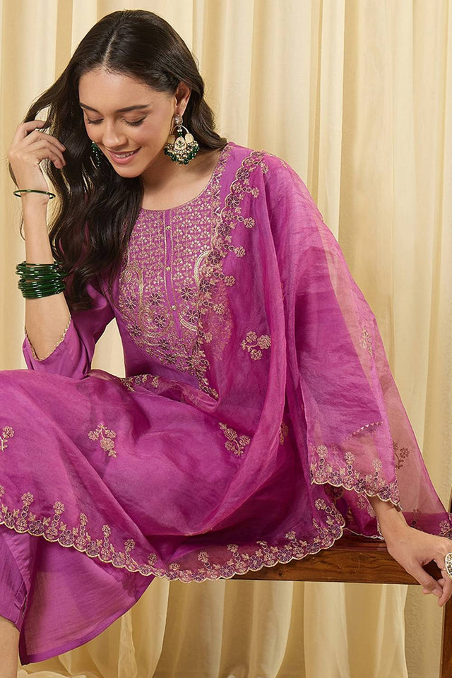 Lavender Floral Embroidered Silk Blend Kurti Pant Set (IDKH9LV12271)