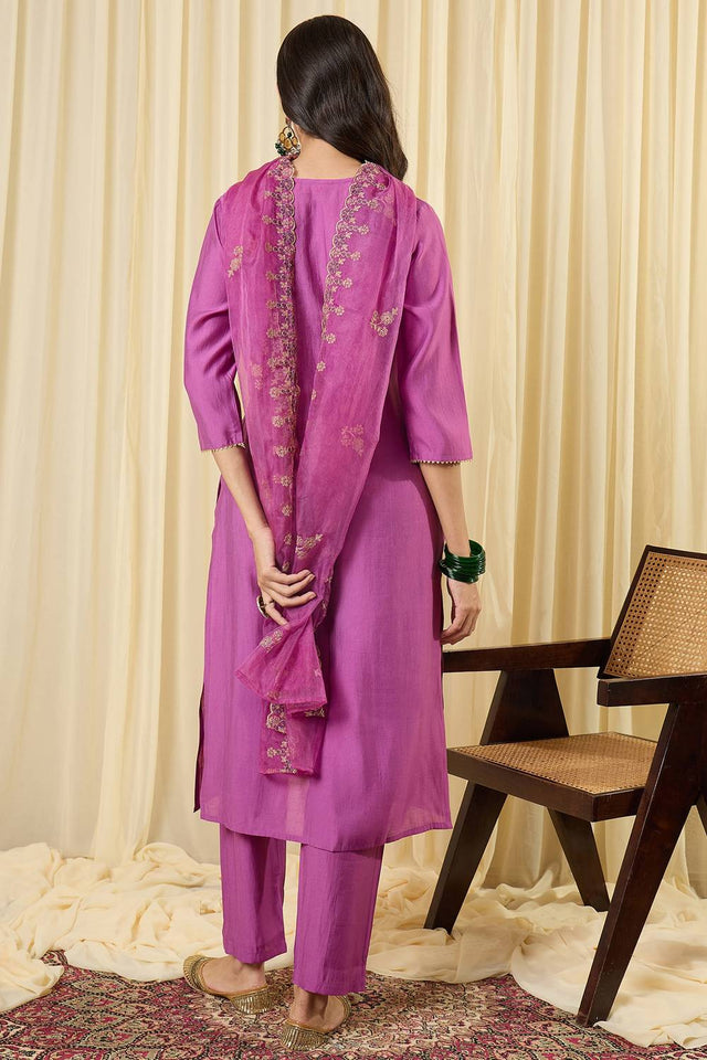 Lavender Floral Embroidered Silk Blend Kurti Pant Set (IDKH9LV12271)