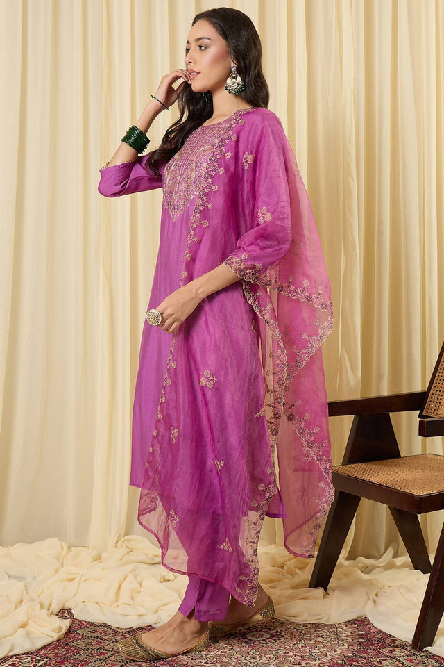 Lavender Floral Embroidered Silk Blend Kurti Pant Set (IDKH9LV12271)