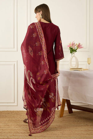 Maroon Embroidered Silk Blend Kurti Pant Set (IDKH9MR12079)