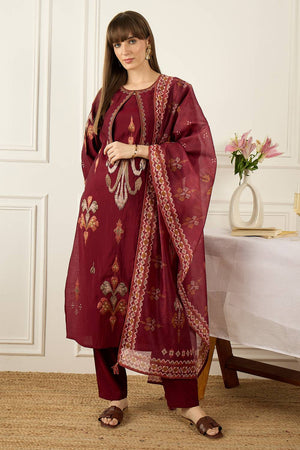 Maroon Embroidered Silk Blend Kurti Pant Set (IDKH9MR12079)