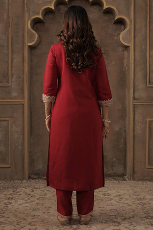 Maroon Embroidered Silk Blend Kurti Pant Set (IDKH9MR12459)