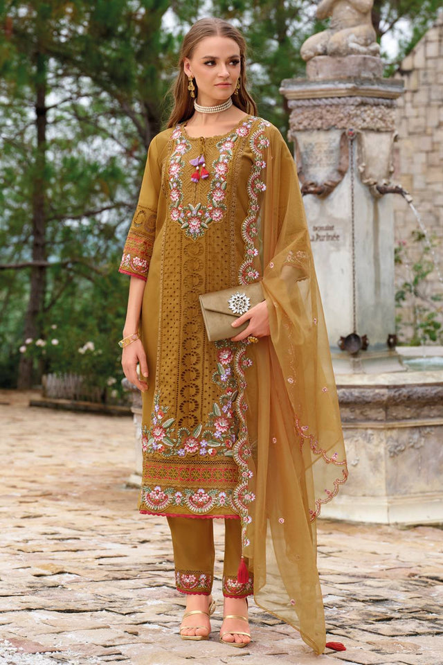 Mustard Embroidered Silk Blend Kurti Pant Set (IDKH9MT11533)