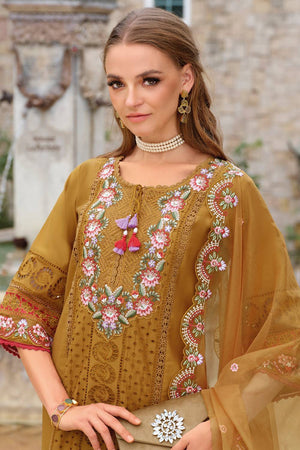 Mustard Embroidered Silk Blend Kurti Pant Set (IDKH9MT11533)