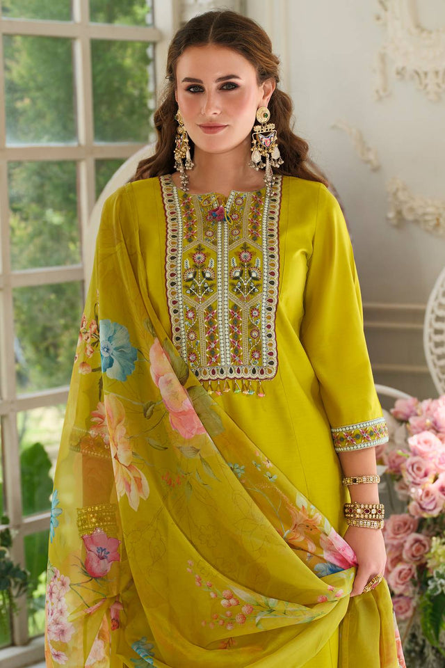 Mustard Embroidered Cotton Blend Kurti Pant Set (IDKH9MT11605)