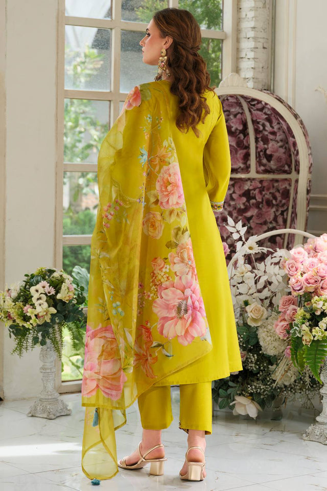 Mustard Embroidered Cotton Blend Kurti Pant Set (IDKH9MT11605)