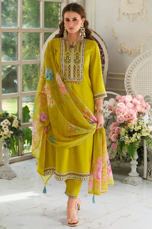 Mustard Embroidered Cotton Blend Kurti Pant Set (IDKH9MT11605)