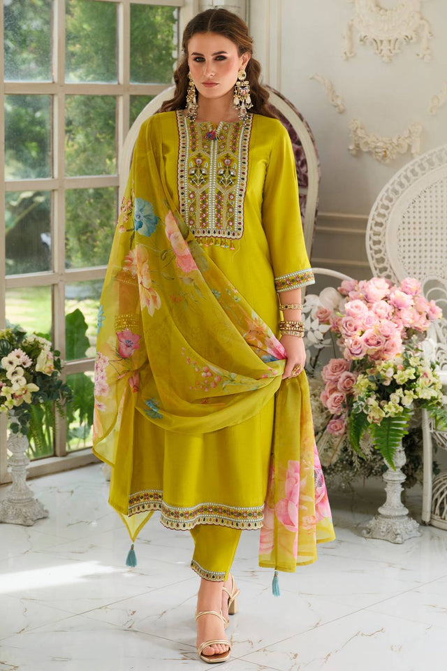 Mustard Embroidered Cotton Blend Kurti Pant Set (IDKH9MT11605)