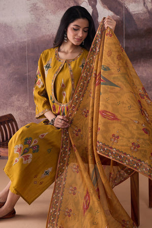 Mustard Embroidered Silk Blend Kurti Pant Set (IDKH9MT12081)