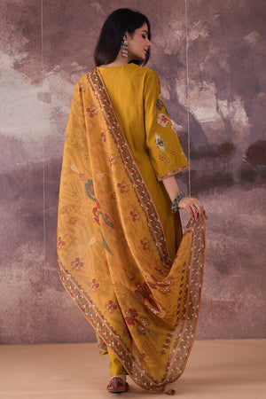 Mustard Embroidered Silk Blend Kurti Pant Set (IDKH9MT12081)