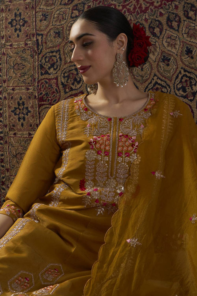 Mustard Floral Sequin Embroidered Silk Blend Kurti Pant Set (IDKH9MT12426)