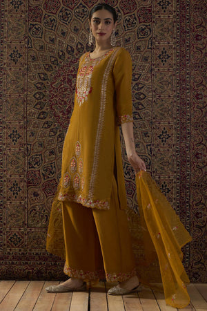 Mustard Floral Sequin Embroidered Silk Blend Kurti Pant Set (IDKH9MT12426)