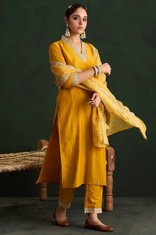 Mustard Embroidered Silk Blend Kurti Pant Set (IDKH9MT6375)