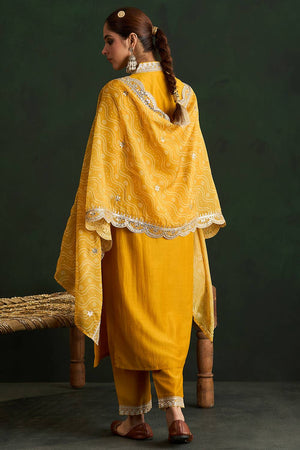 Mustard Embroidered Silk Blend Kurti Pant Set (IDKH9MT6375)