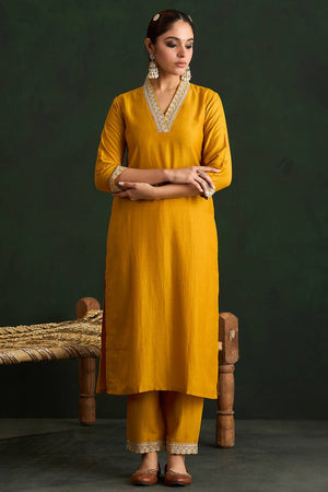 Mustard Embroidered Silk Blend Kurti Pant Set (IDKH9MT6375)