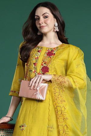 Mustard Embroidered Silk Blend Kurti Pant Set (IDKH9MT6928)