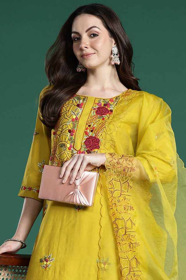 Mustard Embroidered Silk Blend Kurti Pant Set (IDKH9MT6928)