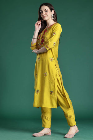Mustard Embroidered Silk Blend Kurti Pant Set (IDKH9MT6928)