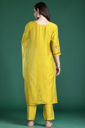 Mustard Embroidered Silk Blend Kurti Pant Set (IDKH9MT6928)