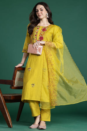 Mustard Embroidered Silk Blend Kurti Pant Set (IDKH9MT6928)