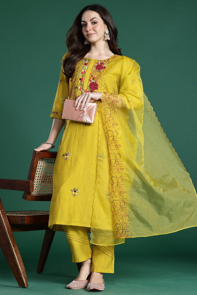 Mustard Embroidered Silk Blend Kurti Pant Set (IDKH9MT6928)