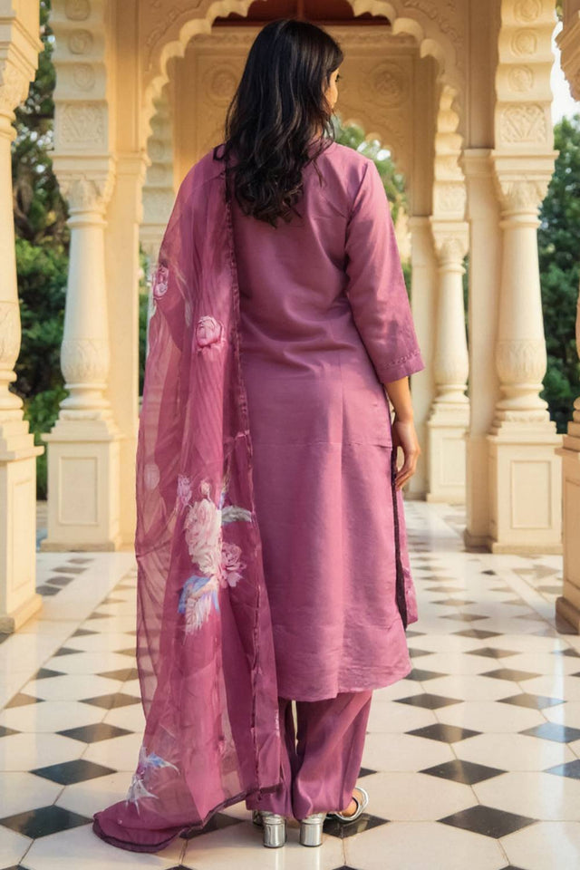 Mauve Floral Printed Silk Blend Kurti Pant Set (IDKH9MU10464)