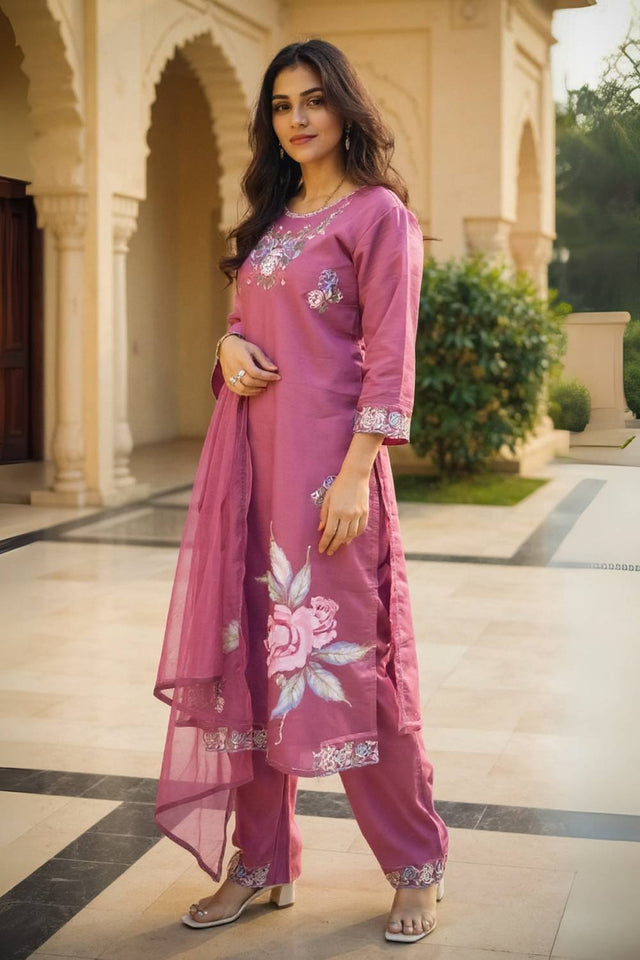 Mauve Floral Printed Silk Blend Kurti Pant Set (IDKH9MU10464)