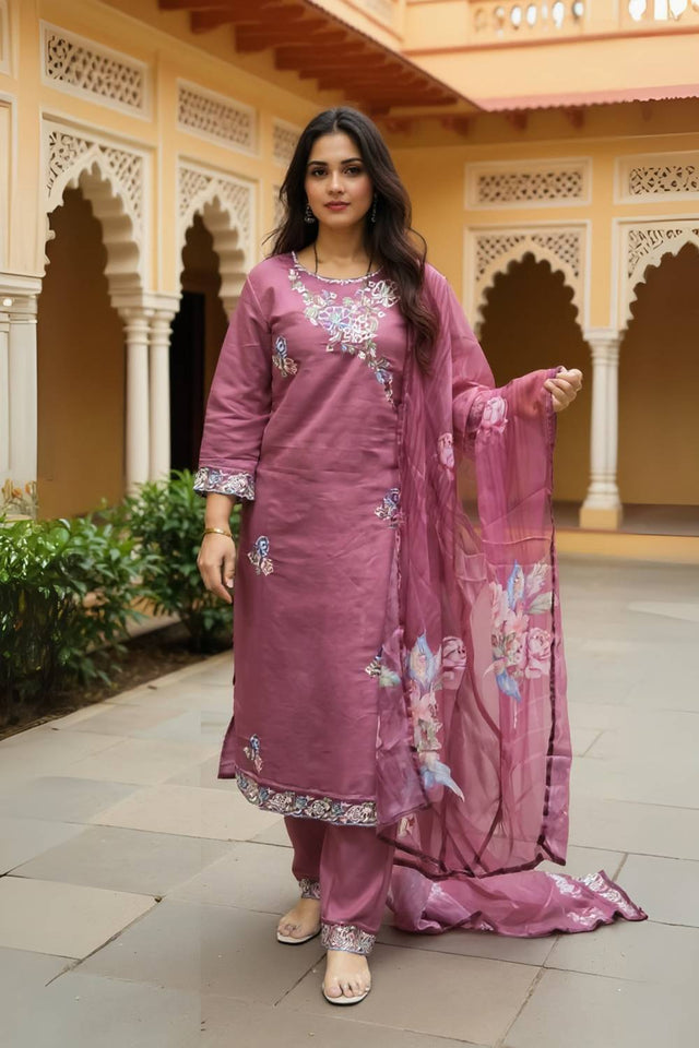 Mauve Floral Printed Silk Blend Kurti Pant Set (IDKH9MU10464)