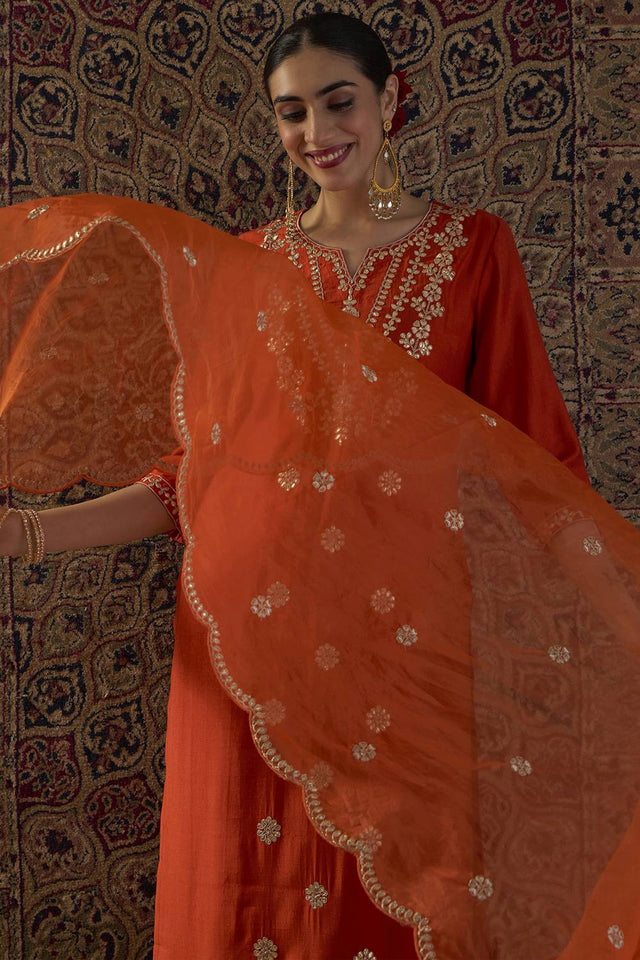 Orange Embroidered Silk Blend Kurti Pant Set (IDKH9OR12435)