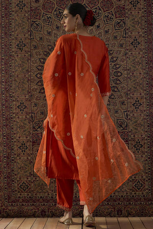 Orange Embroidered Silk Blend Kurti Pant Set (IDKH9OR12435)