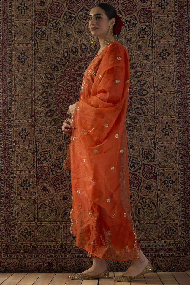 Orange Embroidered Silk Blend Kurti Pant Set (IDKH9OR12435)
