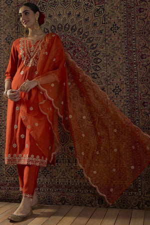 Orange Embroidered Silk Blend Kurti Pant Set (IDKH9OR12435)